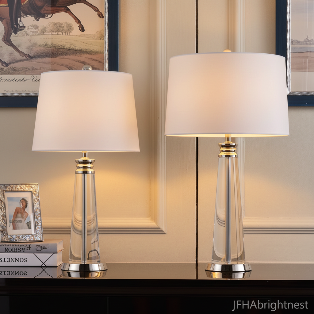 Both sizes of the Vera crystal table lamp side by side on a dark console table