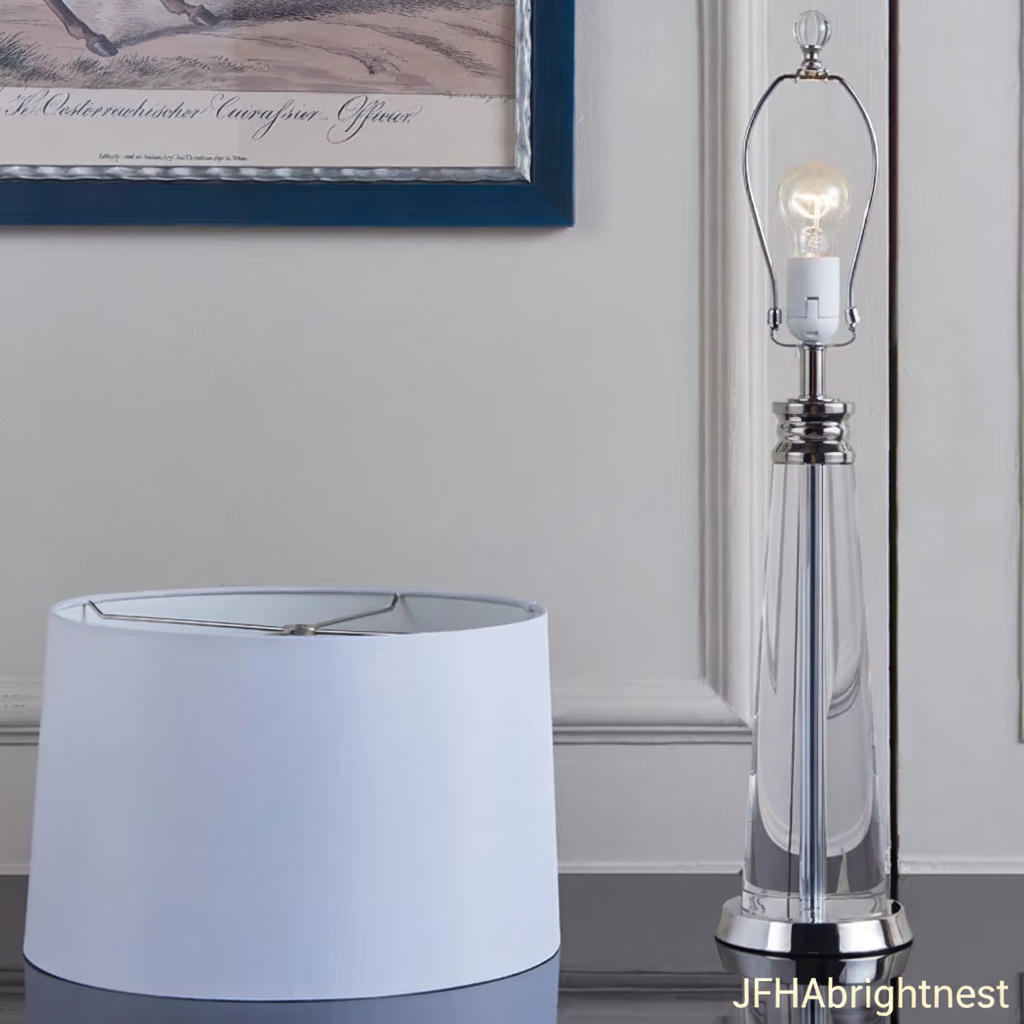 Vera crystal table lamp with the shade removed, showing the bulb holder and crystal column