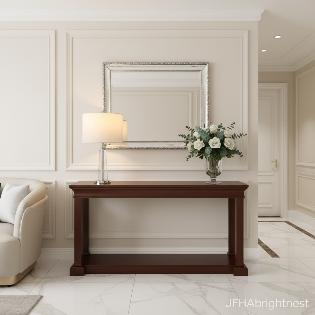 Vera crystal table lamp on a console table in a bright hallway with a mirror above