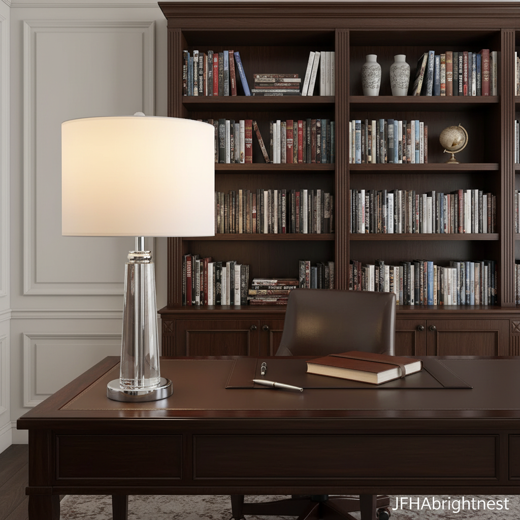 Vera crystal table lamp lit on a wooden desk in a home study, bookshelves behind
