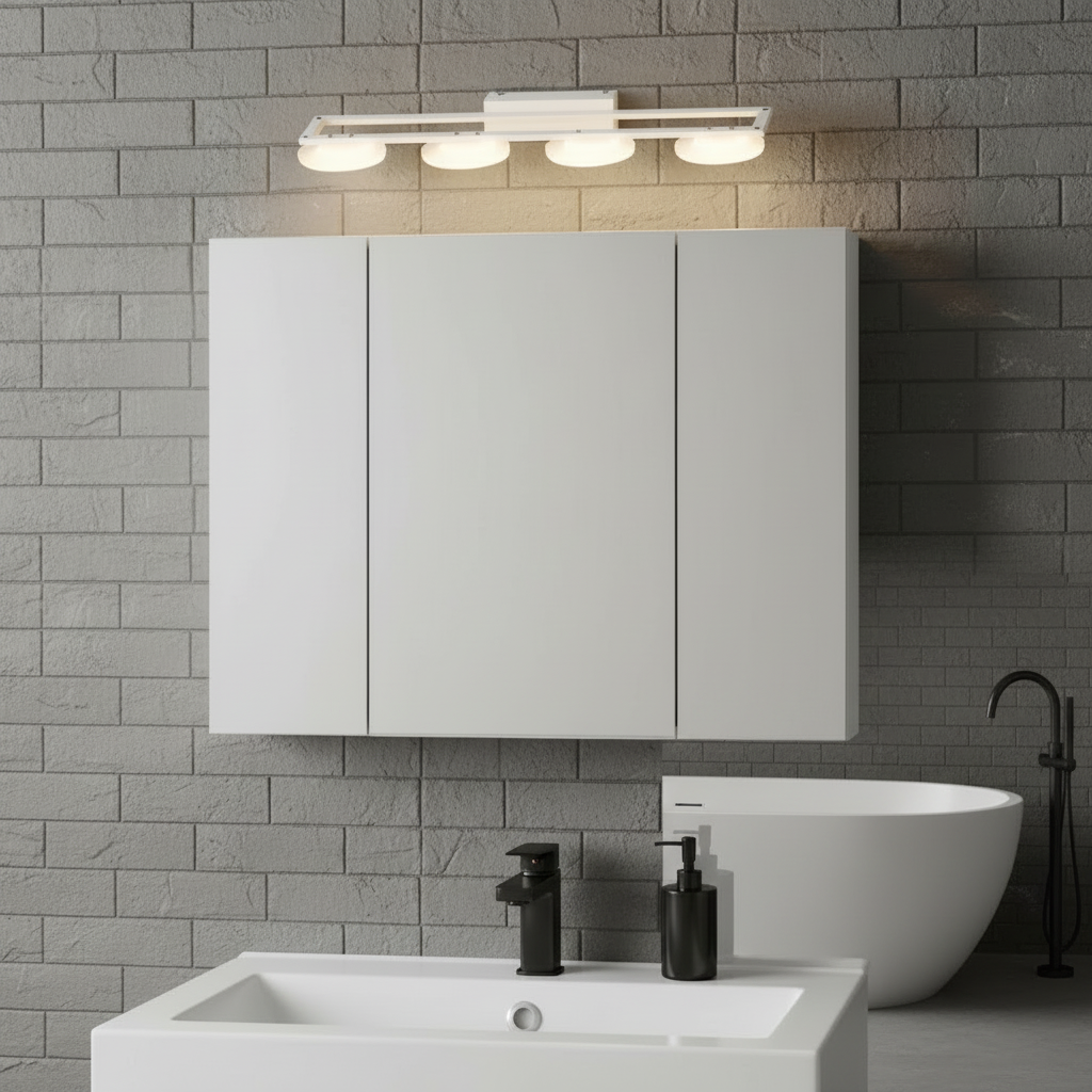 Arlo four-light wall light lighting a grey brick bathroom with a freestanding bath