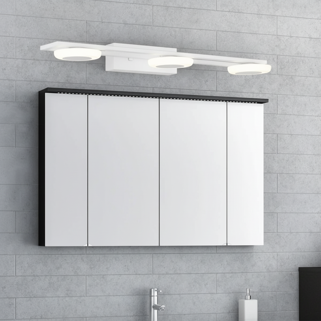 Arlo three-light wall light above a bathroom mirror cabinet on grey tiles