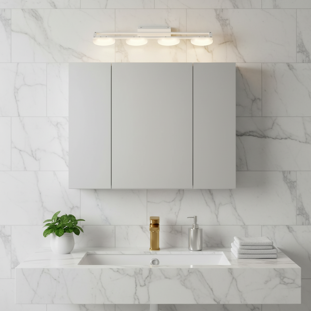 Arlo 70cm four-light wall light above a mirrored cabinet in a marble bathroom