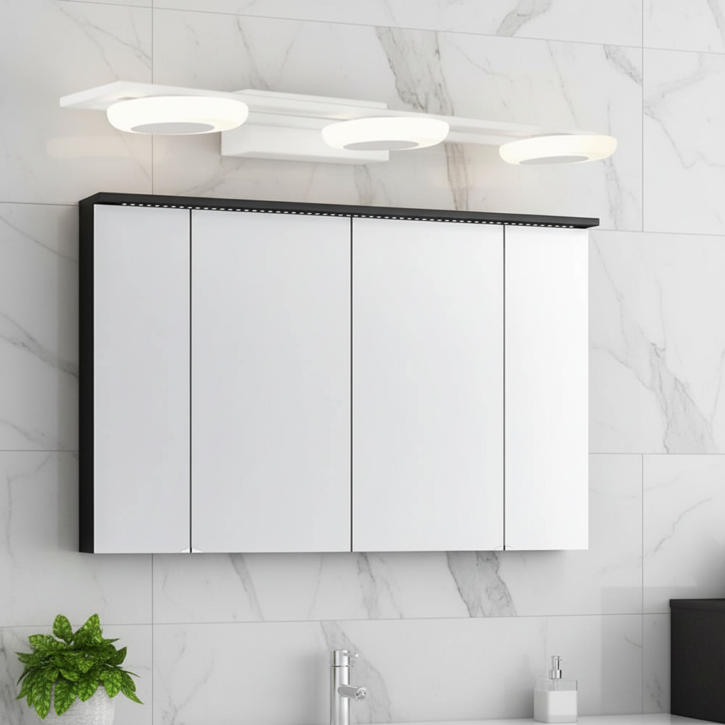 Arlo 50cm three-light wall light lit above a mirrored cabinet in a white marble bathroom