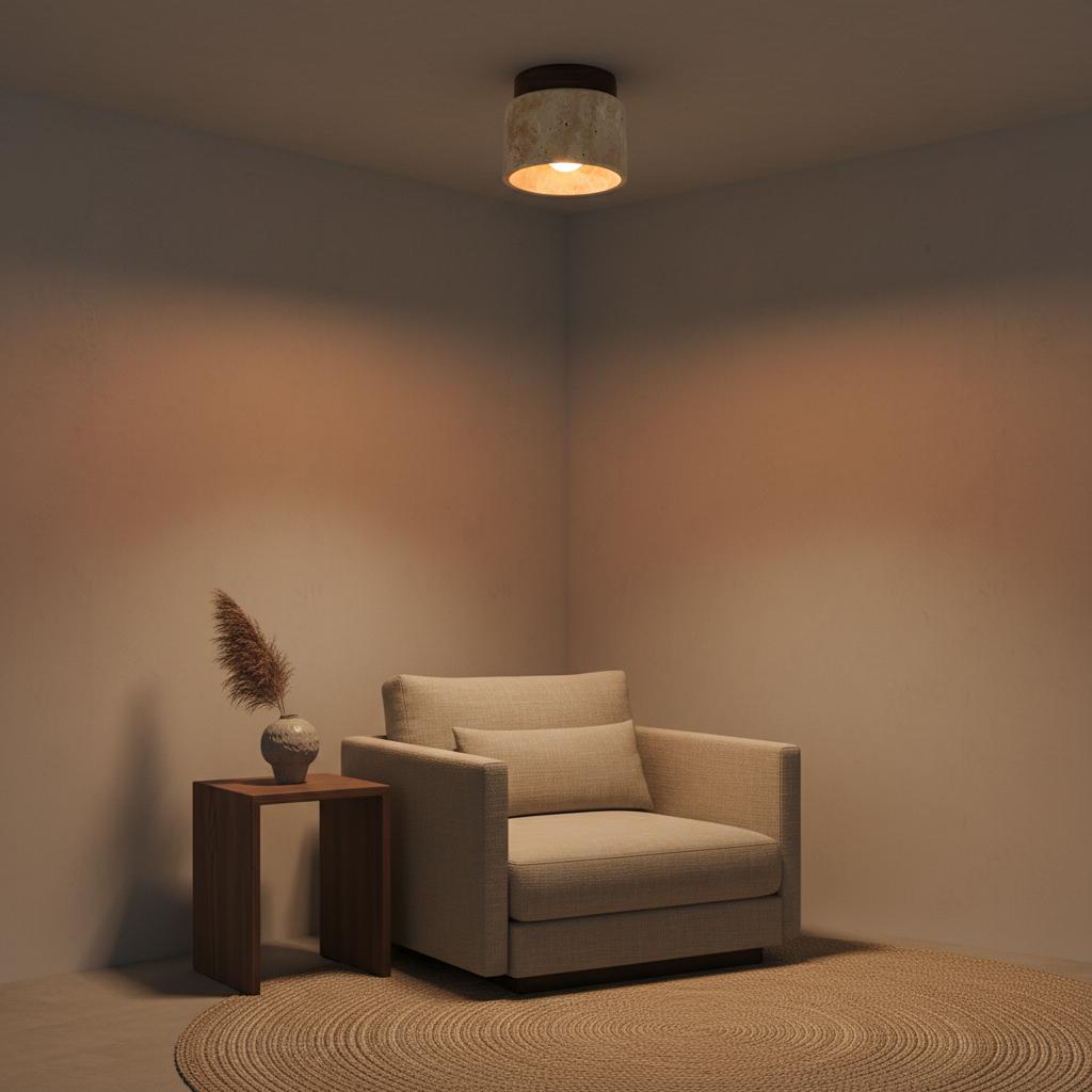 Walnut finish ceiling light lit above an armchair in a Japandi living room