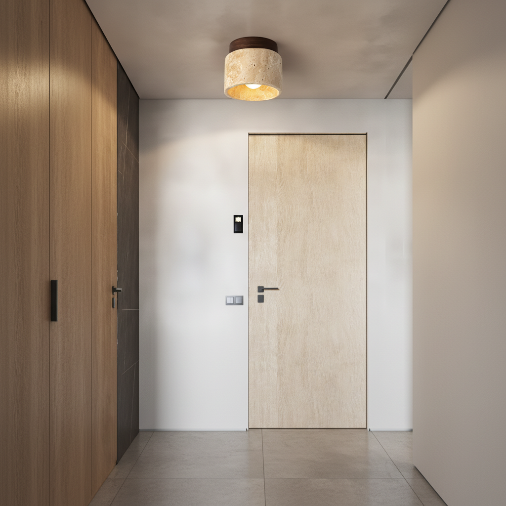 Walnut finish ceiling light in a modern hallway above a light oak door