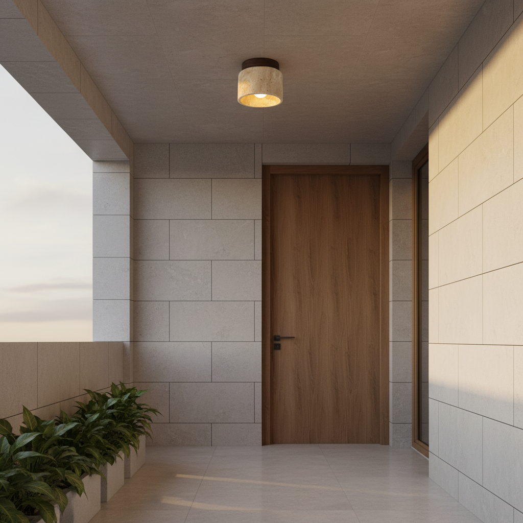 Walnut finish ceiling light on a covered modern porch above a timber door