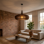 Walnut wooden pendant light in a modern living room, front view