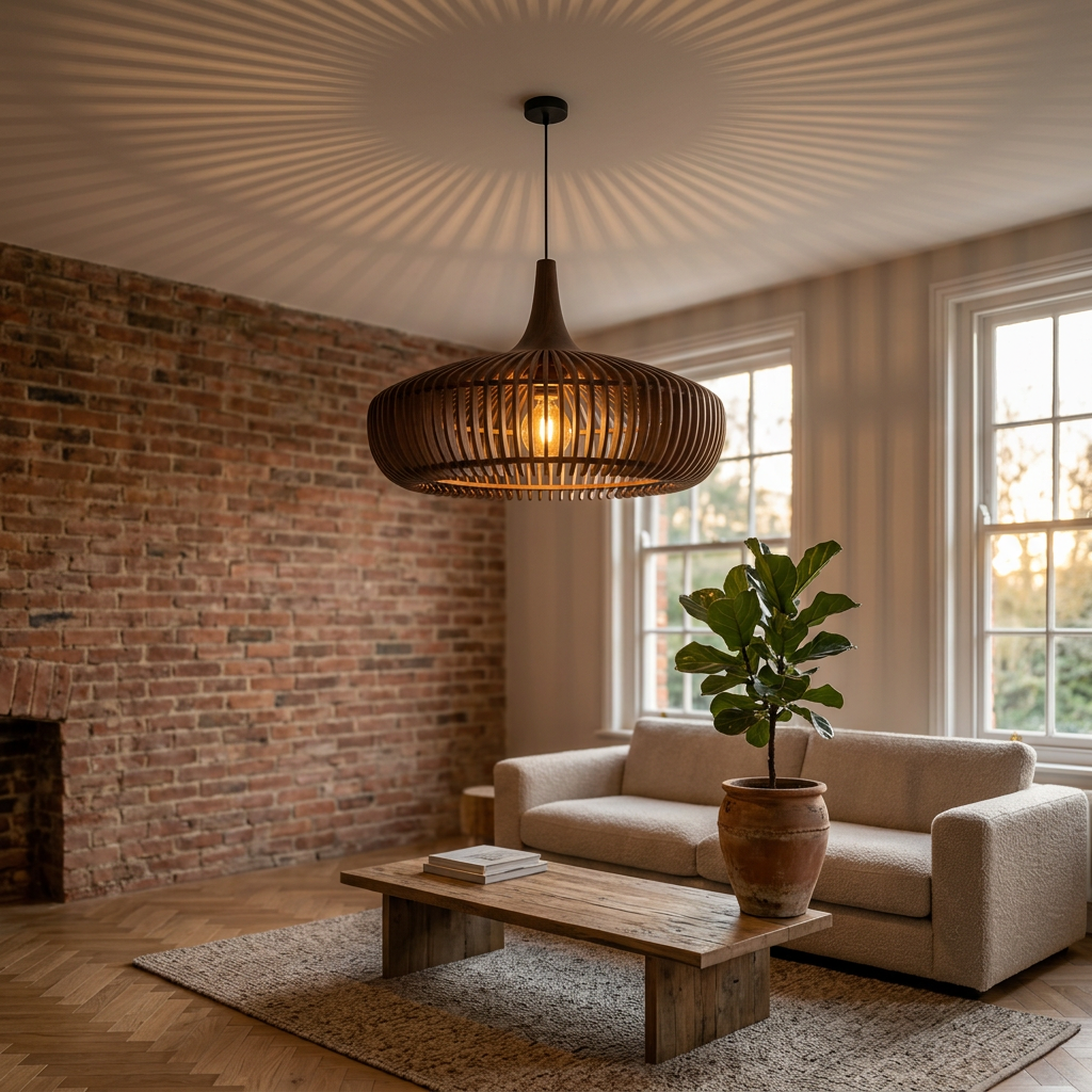 Walnut wooden pendant light in a modern living room, front view