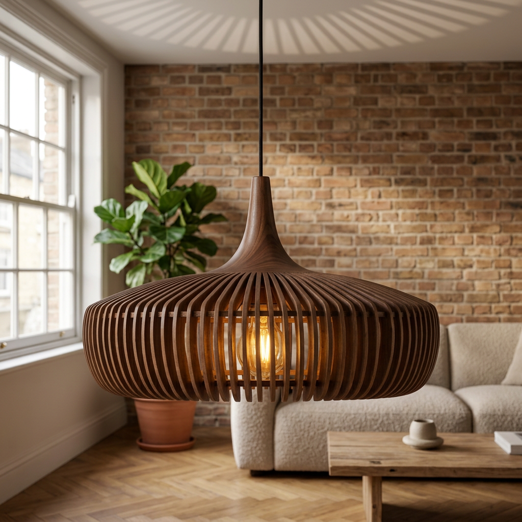 Walnut slatted wood pendant light above a living room seating area