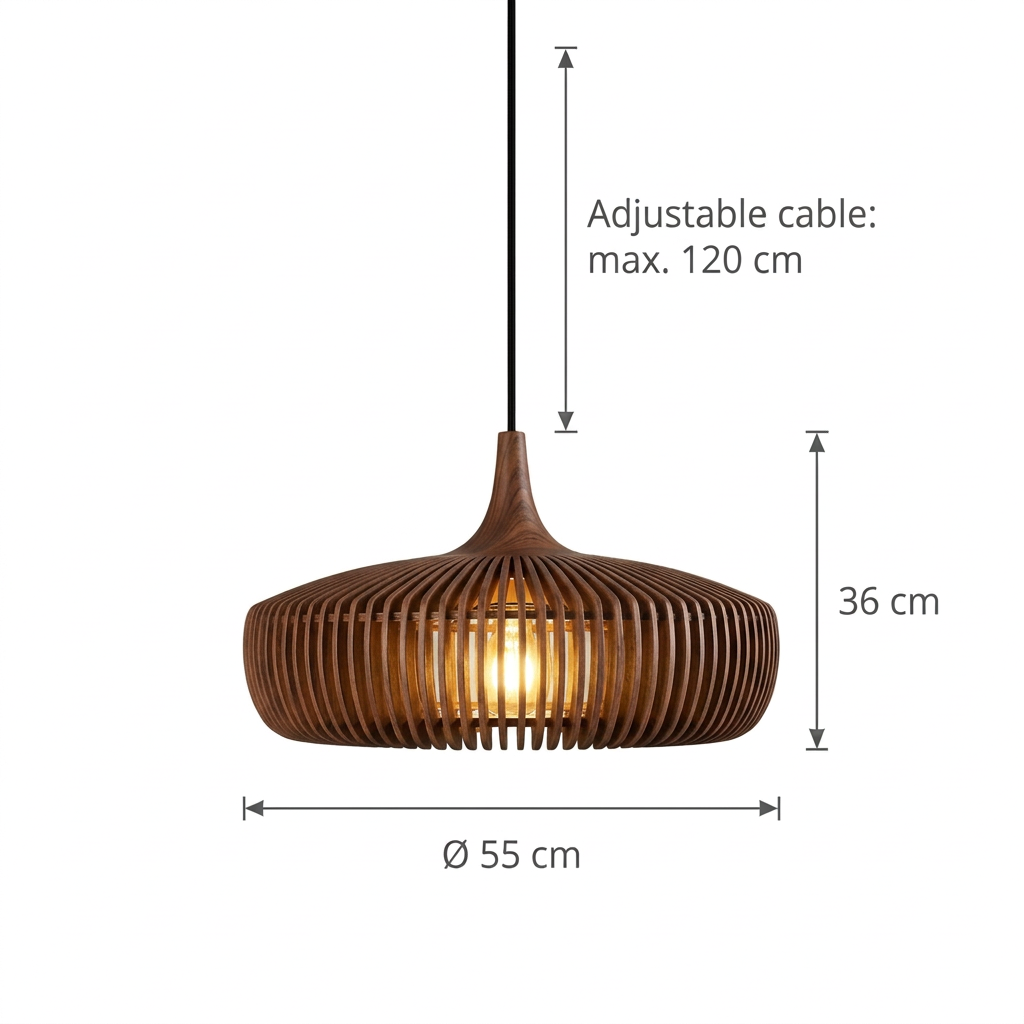 55 cm pendant dimensions: 55 cm wide, 36 cm high, cable up to 120 cm