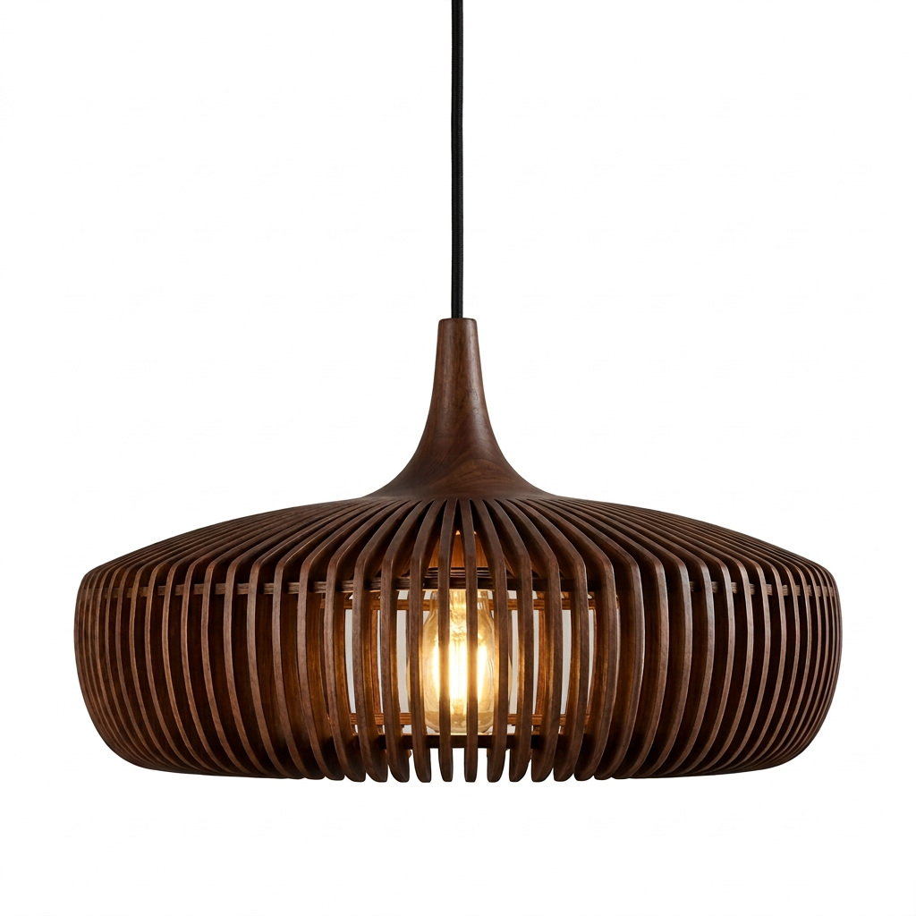 Modern minimalist slatted wood pendant light in walnut