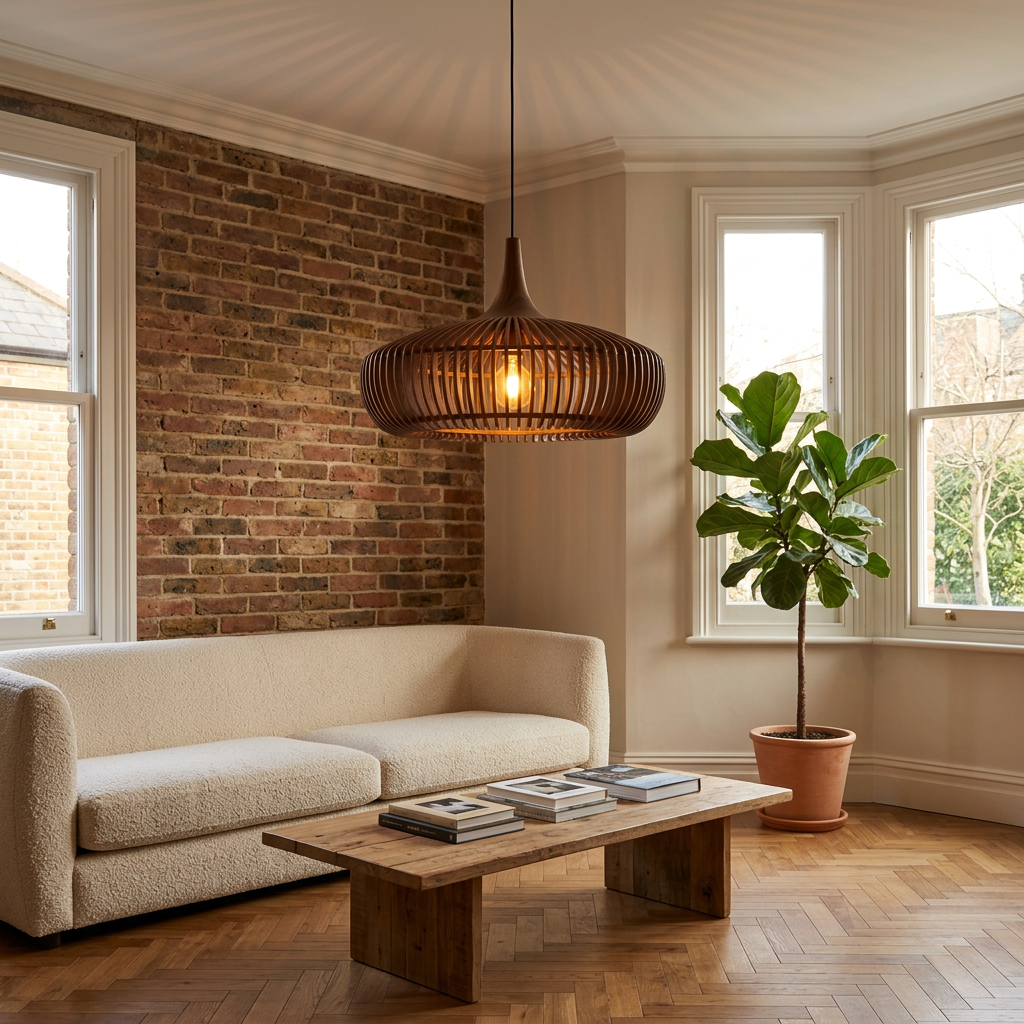 Walnut slatted pendant light with herringbone floor and exposed brick