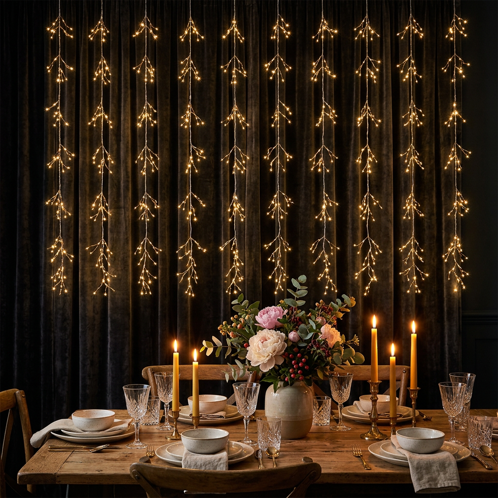 Warm white LED curtain lights as a celebration dining room backdrop