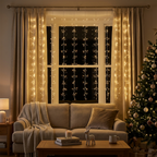 Warm white LED curtain lights in a Christmas living room