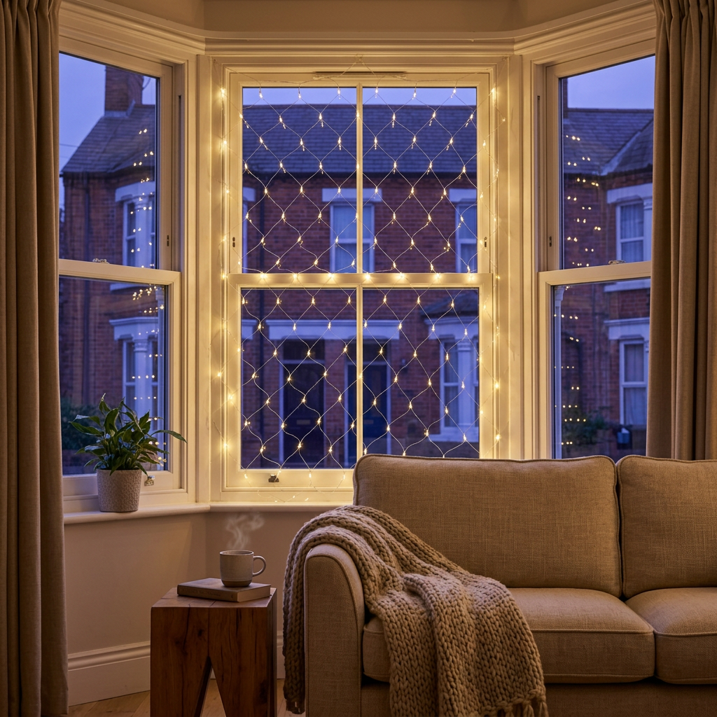 Warm white LED net fairy lights creating a cosy festive glow