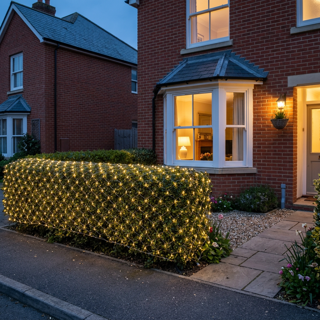 Warm white LED net mesh fairy lights on a hedge outside a UK home