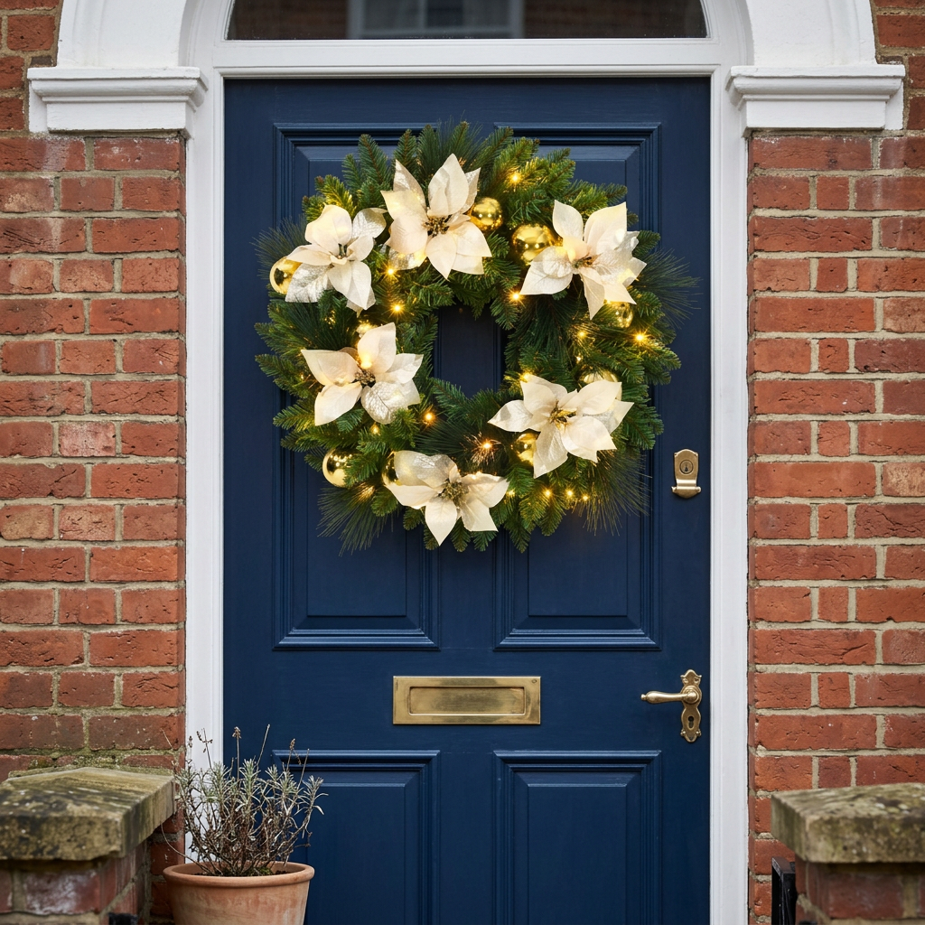 Gold pre-lit Christmas wreath with ivory poinsettias and gold baubles on a navy front door of a UK red-brick home