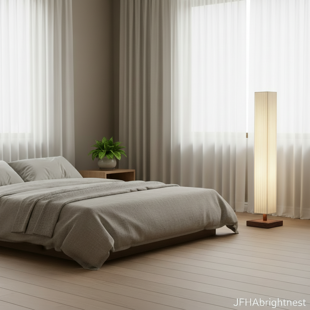 Yuki floor lamp lit in a bedroom corner beside sheer curtains, next to a low bed