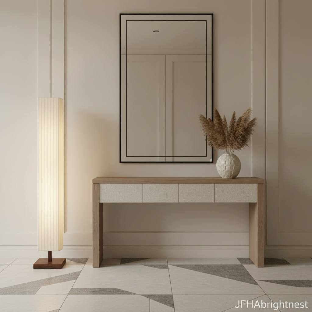 Yuki floor lamp lit in a hallway beside a console table and a framed mirror