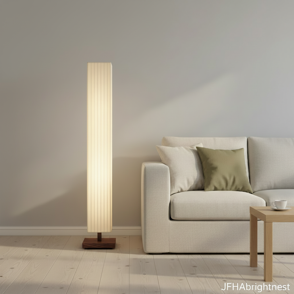 Yuki floor lamp lit beside a cream sofa in a light living room, its walnut base on pale wood flooring