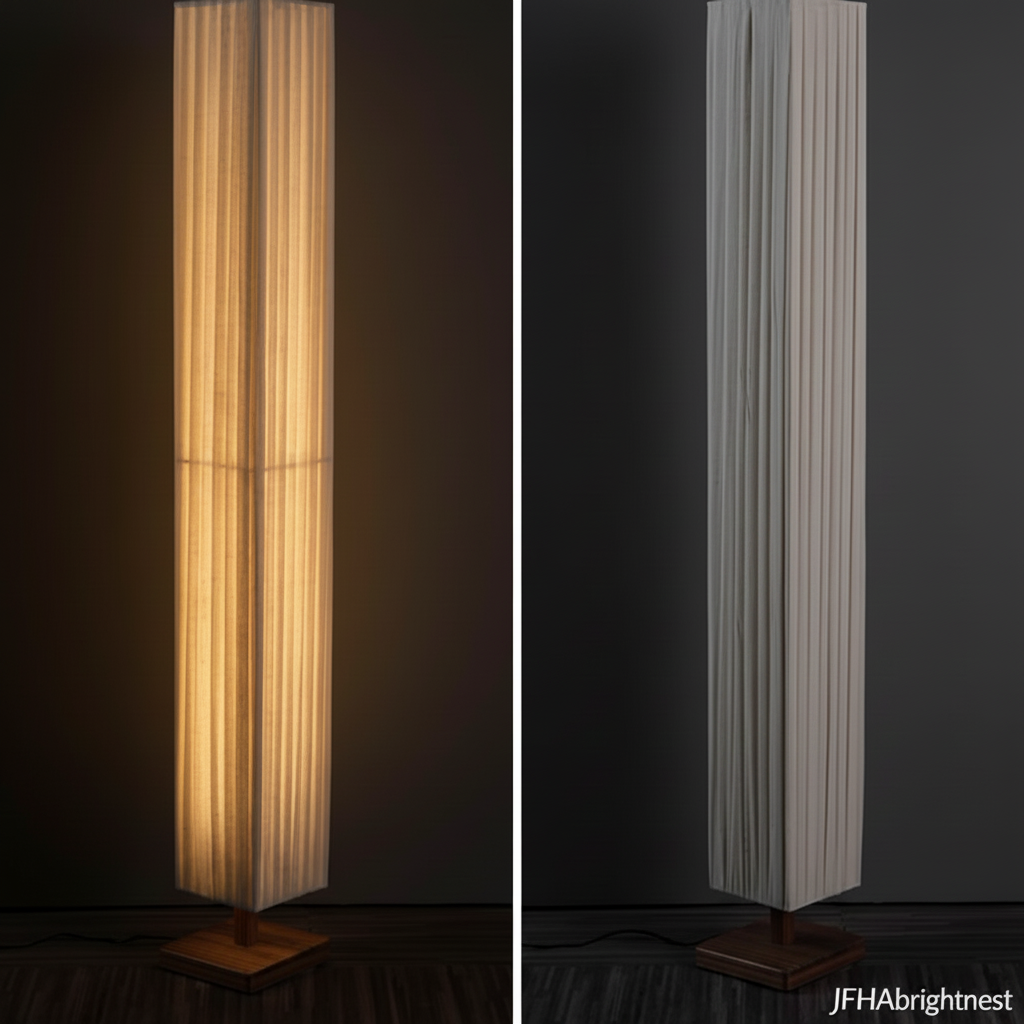Yuki Wabi Sabi floor lamp lit side by side, warm light on the left and white light on the right, both on walnut wood bases